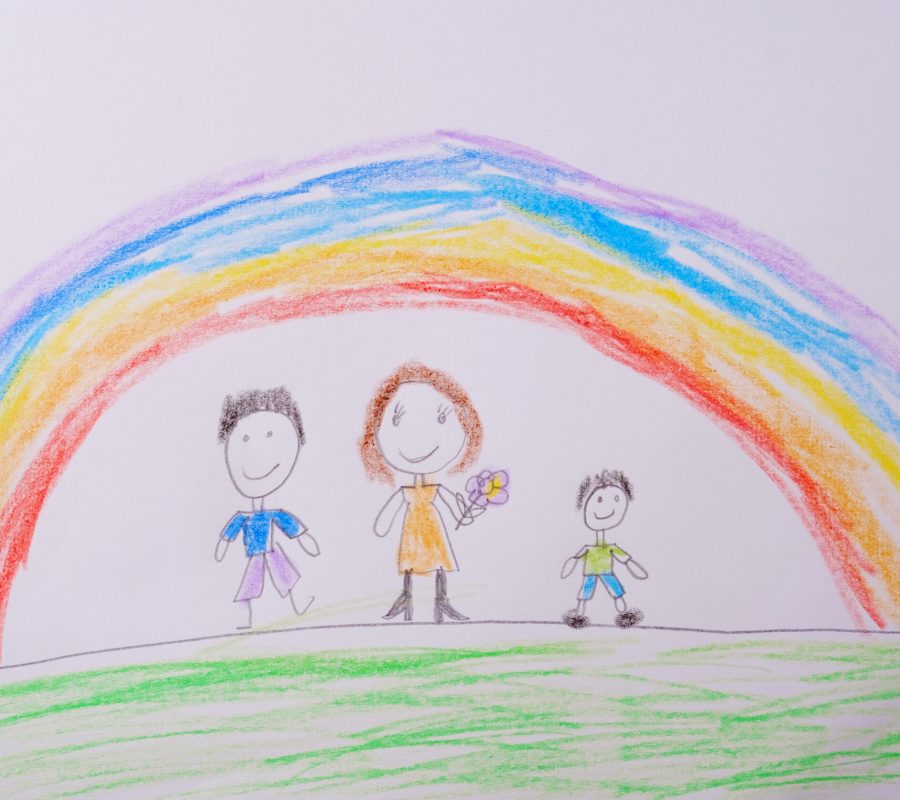 Child's Drawing of happy family under the rainbow. What a children's picture can tell